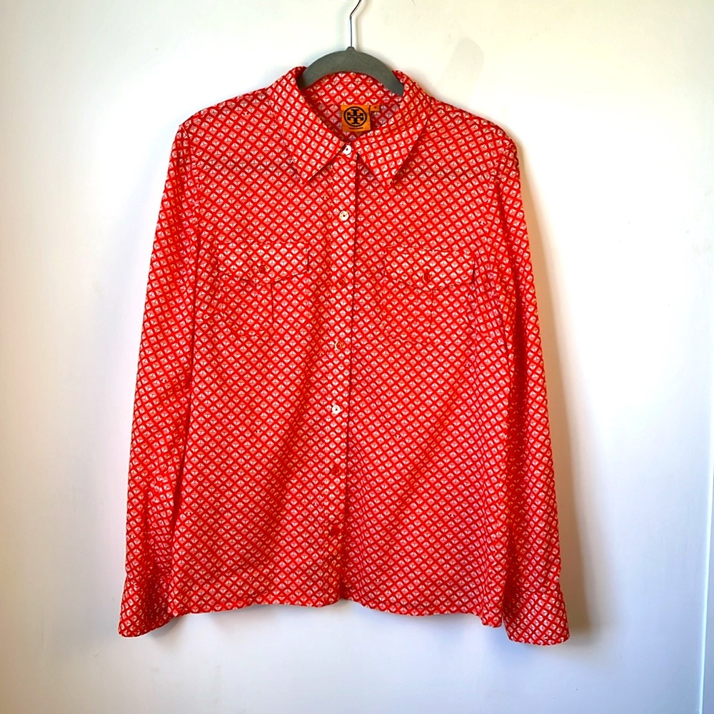 Tory Burch Blouse Orange & White Geometric Pattern, Convertible Sleeve Size 12.